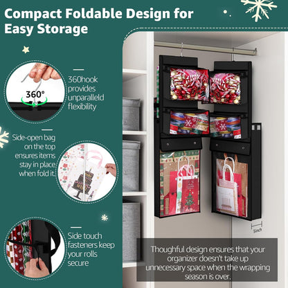 Woodoulogy Wrapping Paper Organizer - Double-Sided Gift Wrap Roll Holder | 63"x13" Over Door Storage, Black