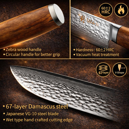 Wakoli Damascus Knife Block Set – 4-Piece Professional Kitchen Knives with Magnetic Block – Kitchen Knife Set made of 67-Layer Damascus Steel Blades & Ergonomic Zebrawood Handles