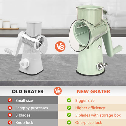 Cheese Grater With Hand Crank Countertop For Kitchen，Grater Shredder With Handle For Kitchen Rotating，Vegetable Slicer，Nuts Grinder Cheese Shredder with Clean Brush(5 Blades Matcha Color)