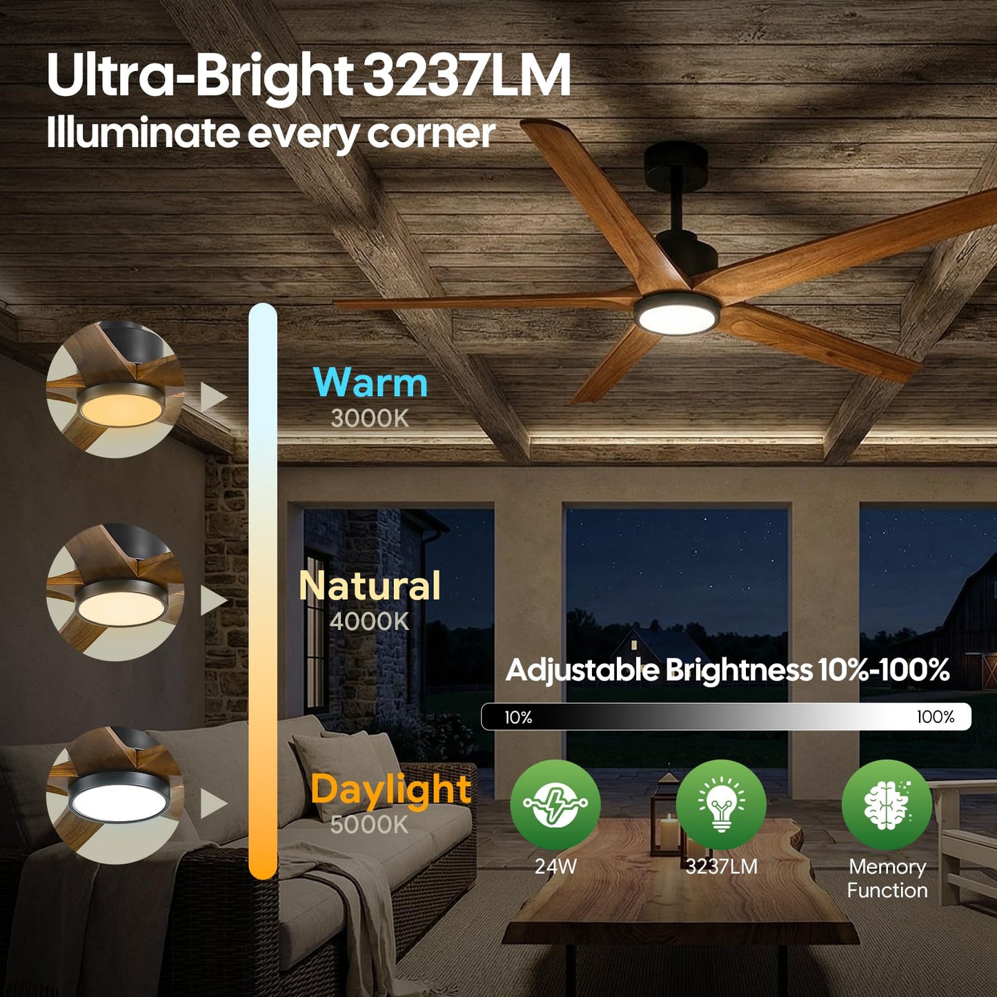 52 Inch Smart Outdoor Ceiling Fan with Light, Alexa/App/Remote Control, 5 Walnut Solid Wood Blades, Modern Farmhouse, Quiet Energy Efficient DC Motor, Damp Rated for Patio Porch Indoor Living Room