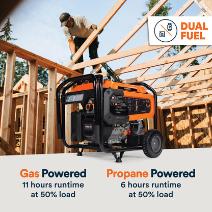 Generac Dual Fuel Portable Gas Generator, 8,250 Starting Watts, Electric Start, COsense Carbon Monoxide Detection, 11 Hour Runtime, Gas or Propane, Heavy Duty Frame, Home Backup Emergency, 49-State