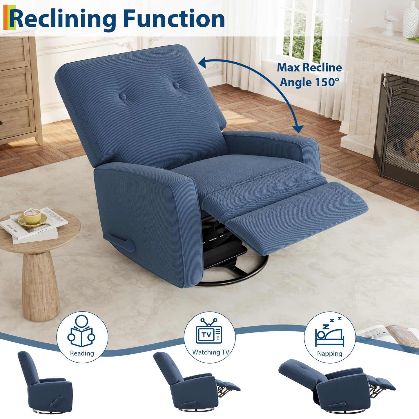 IDEALHOUSE Recliner Chair, 360° Swivel Rocking Glider Chair for Adults with Adjustable Backrest & Footrest, Cozy Corduroy Upholstered Armchair for Living Rooms, Bedrooms, Blue