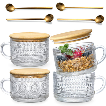 4pcs Set Vintage Coffee Mugs gifts for women, Overnight Oats Containers with Bamboo Lids and Spoons - 14oz Clear Embossed Glass Cups, Cute Coffee Bar Accessories, Iced Coffee Glasses