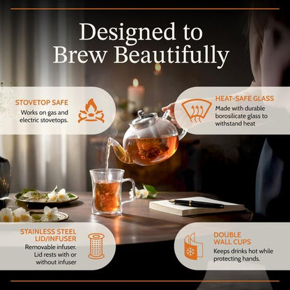 James Bentley Glass Coffee and Tea Set – Borosilicate Glass Teapot Set for Adults with 40oz Teapot & 4 Insulated Glasses, Stainless Steel Strainer for Bags and Loose Tea– Microwave, Dishwasher Safe