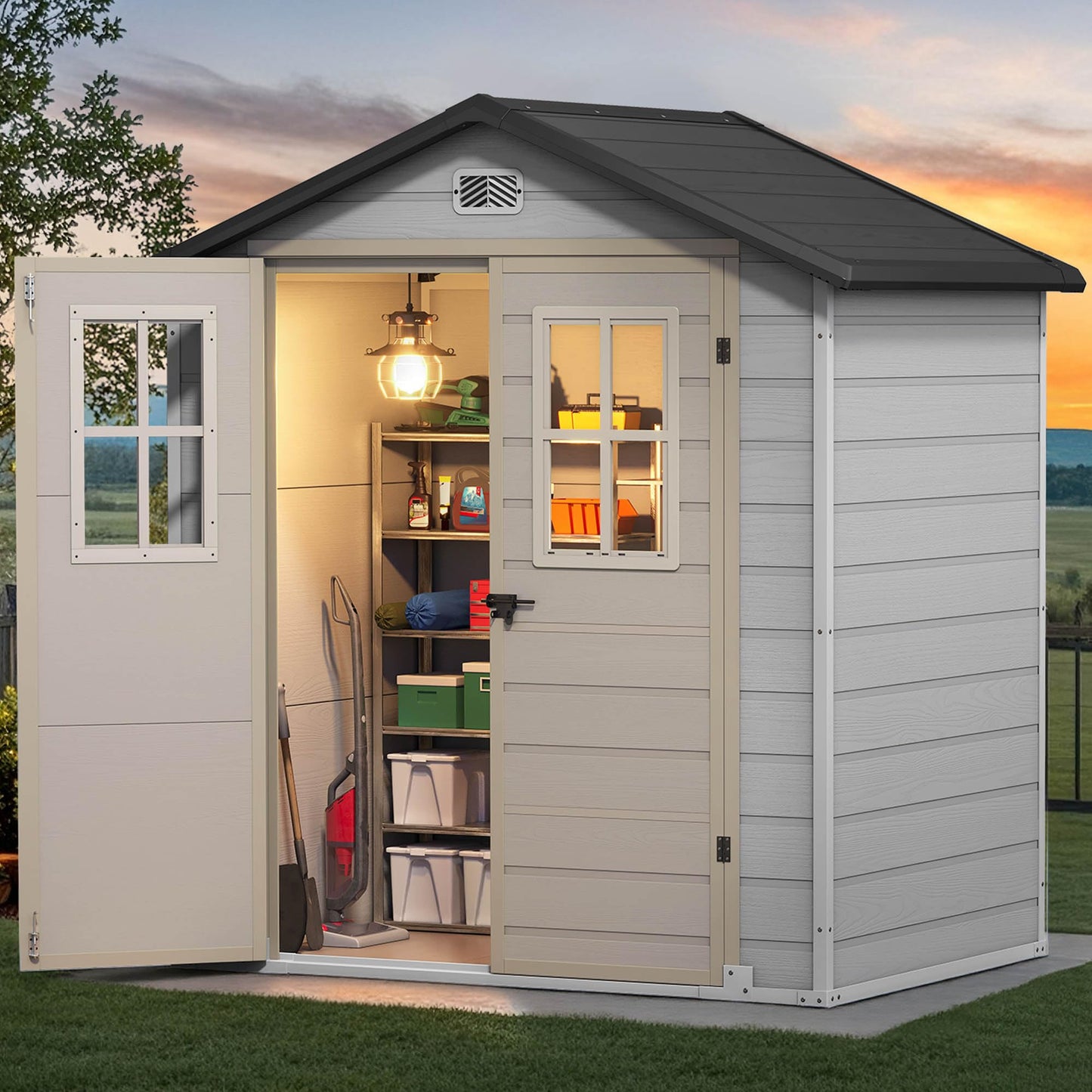 DWVO 6x4.4 FT Outdoor Storage Shed, Plastic Garden Tool Shed with 2 Windows, Double-Wall Outside Shed for Lawn Mower, Garden Shed for Backyard Patio, Lockable, Greige&Gray