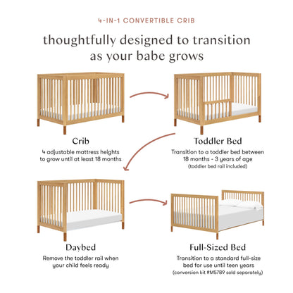 Babyletto Gelato 4-in-1 Convertible Crib with Toddler Bed Conversion in Honey with Vegan Tan Leather Feet, Greenguard Gold Certified