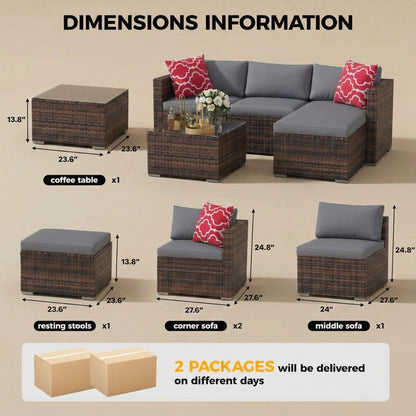 GarveeTech 5 Pieces Patio Furniture Set, All Weather Wicker Rattan Sectional Sofa,Outdoor Patio Furniture Set with Washable Cushions for Garden, Backyard, Porch, Poolside (Brown&Grey) ﻿