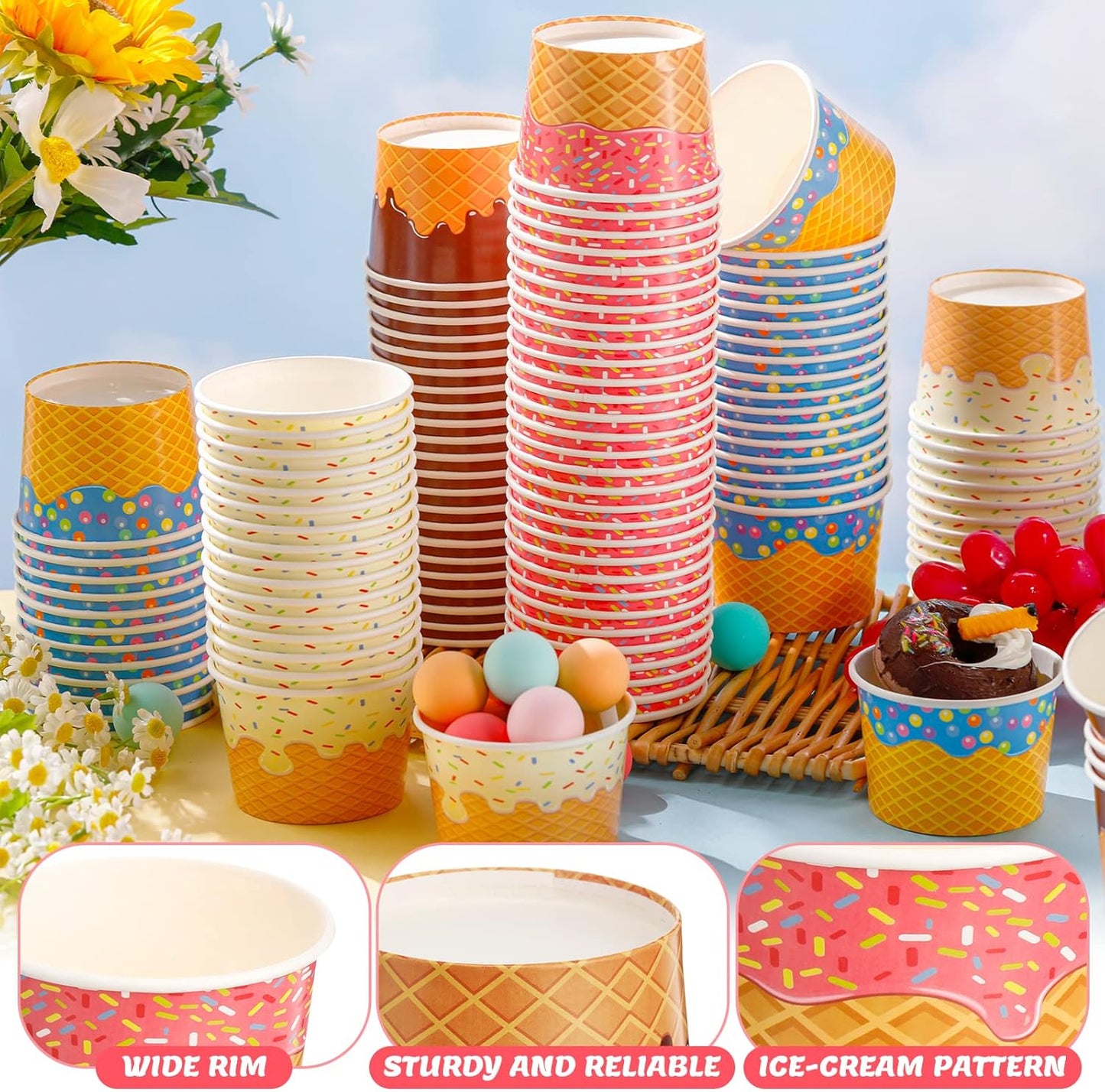 120 9oz Zopeal Pcs Ice Cream Bowls Bulk Dessert Ice Cream Cups Paper Treats Sundae Cups Disposable Birthday Party