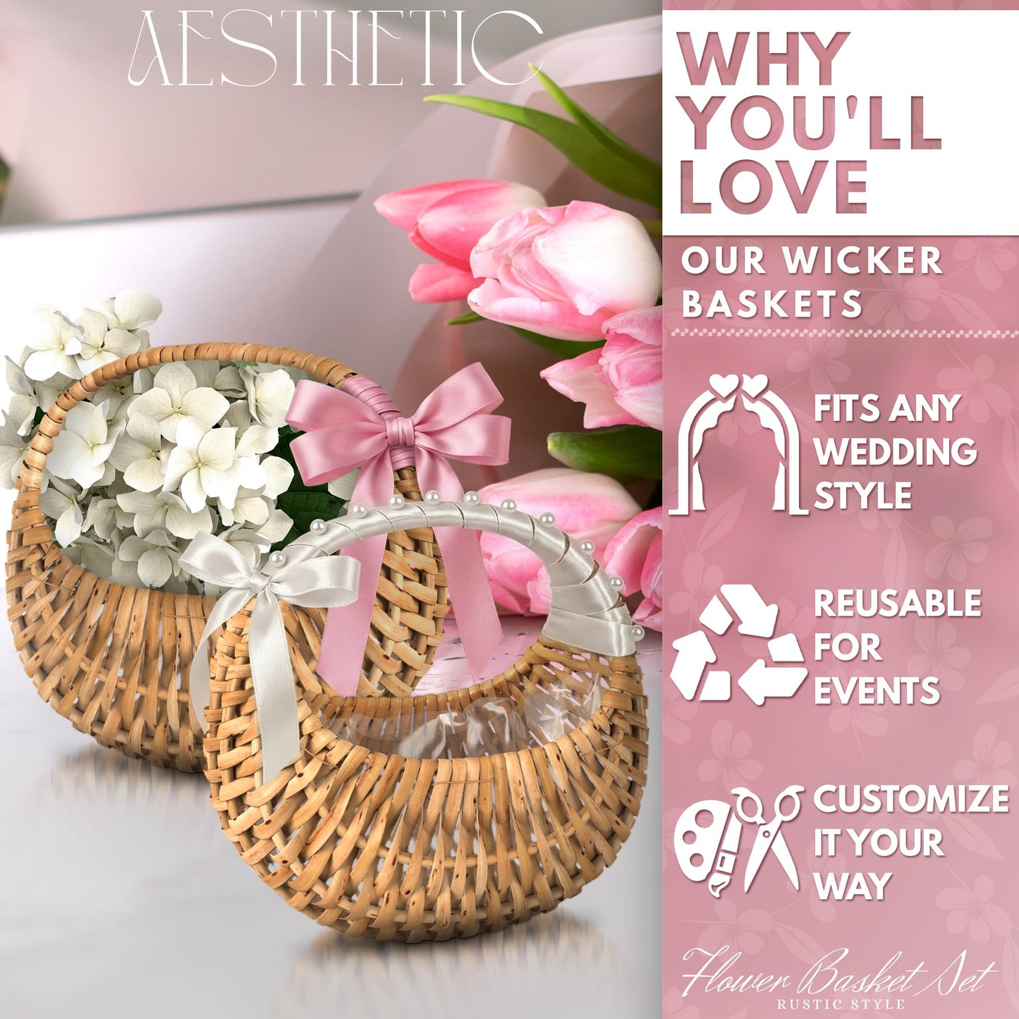 Small Flower Girl Basket Set of 2 - Small Wicker Basket with Handle and Waterproof Lining, 6.3 x 5.12 x 3.75 Inch - Rattan Design for Wedding Flower Petals, Candy, Gift Use, Storage and Home Decor