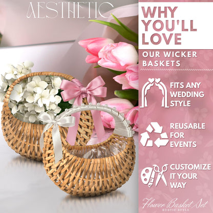 Small Flower Girl Basket Set of 2 - Small Wicker Basket with Handle and Waterproof Lining, 6.3 x 5.12 x 3.75 Inch - Rattan Design for Wedding Flower Petals, Candy, Gift Use, Storage and Home Decor