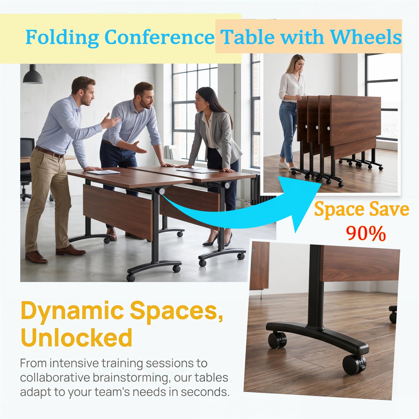 JNMDLAKO Modular Folding Conference Table with Locking Wheels, 10 Pack Flip Top Mobile Training Table, Modern Meeting Seminar Tables for Office, Hotel Conference Room(10,Walnut,55" L x 21" W x 29" H)