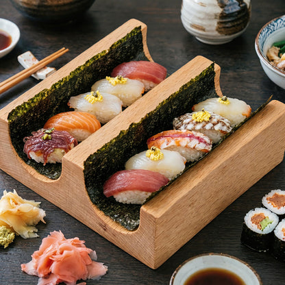 TUESMEILL Sushi Taco Holder:Wooden U Shaped Sashimi Plate Japanese Food Serving Tray Taco Display Stand Sashimi Rack for Home Restaurant Party Food Serving and Display (2 Slot )