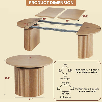 HUAHUU Extendable Round Dining Table for 4-8, 39in-77in Long Large Kitchen Table with Fluted Base, Space Saving Modern Farmhouse Oval Dinner Tables for Dining Room, Kitchen, Living Room, Natural