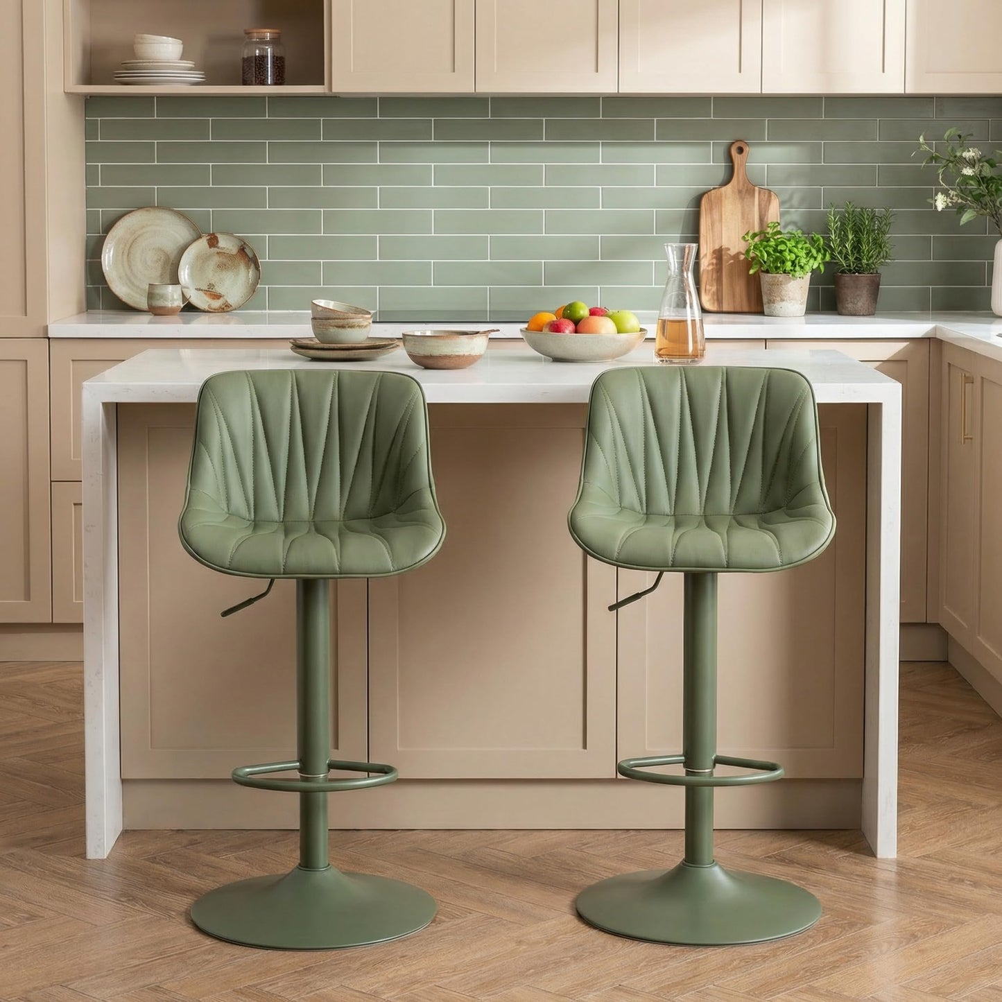 YOUNIKE Bar Stools Set of 2, Faux Leather Padded Bar Stool Counter Height Swivel Bar Chairs, Modern Adjustable Barstools with Back for Kitchen Island, Full Pea Green Same-Color Base
