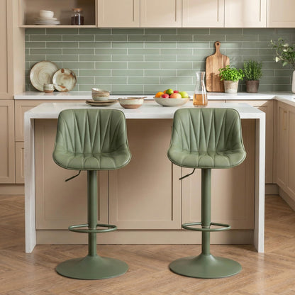 YOUNIKE Bar Stools Set of 2, Faux Leather Padded Bar Stool Counter Height Swivel Bar Chairs, Modern Adjustable Barstools with Back for Kitchen Island, Full Pea Green Same-Color Base