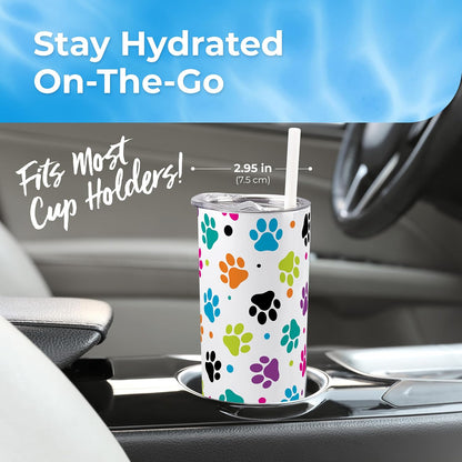 SassyCups 20 oz Vacuum Insulated Stainless Steel Tumbler with Dog Paw Print, Includes Straw and Lid