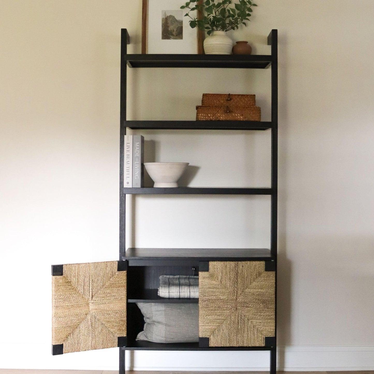 Nathan James Beacon 3-Shelf Bookcase with Seagrass Cabinet, Solid Wood Boho Bookshelf with Storage with Solid Wood Frame, Seagrass/Black