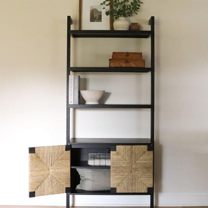 Nathan James Beacon 3-Shelf Bookcase with Seagrass Cabinet, Solid Wood Boho Bookshelf with Storage with Solid Wood Frame, Seagrass/Black