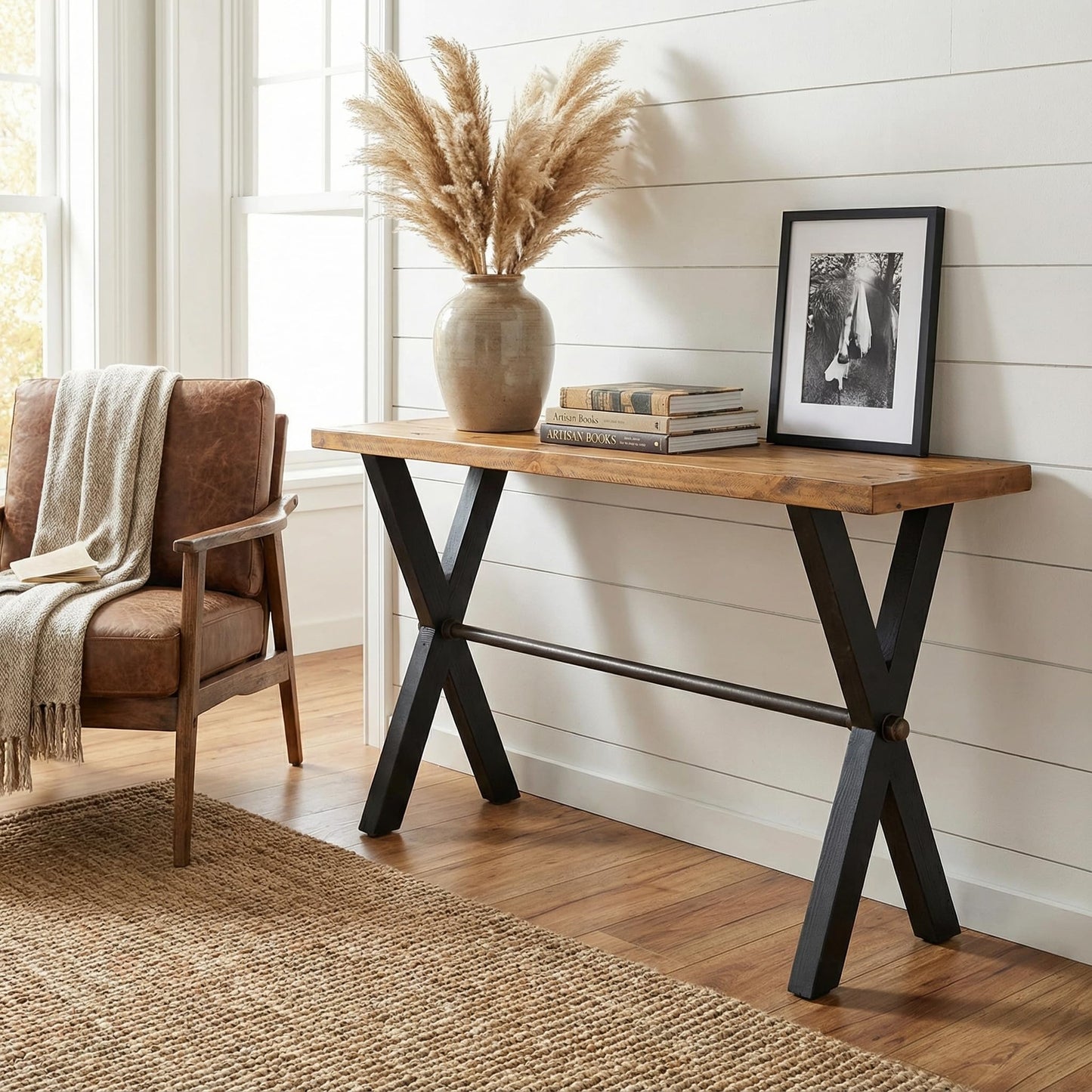 Cortesi Home Austin Console Table, Solid Reclaimed Wood with Black Wood Legs, Honey Pine