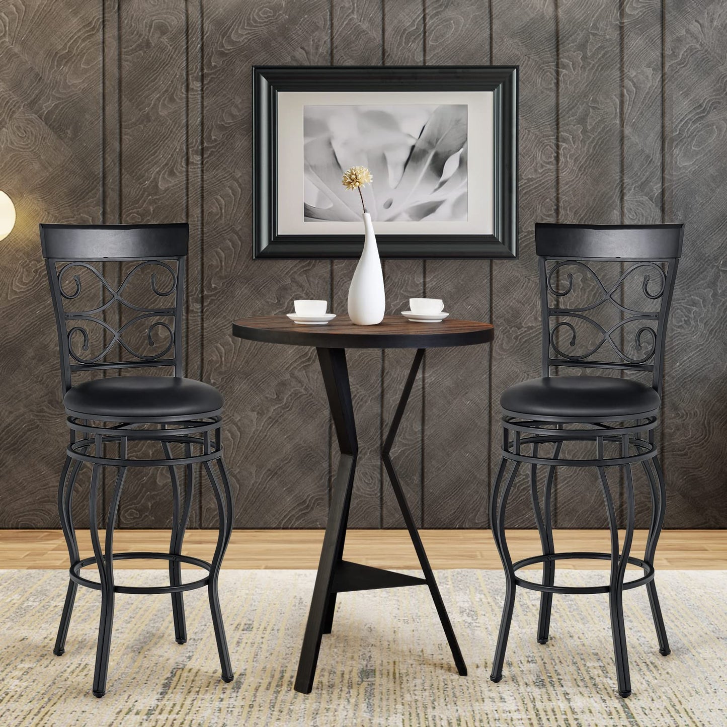 COSTWAY Bar Stools Set of 4, 360 Degree Swivel, 30" Bar Height Bar stools, with Leather Padded Seat Bistro Metal Vintage Chairs with Back for Kitchen Island, Pub (Set of 4)