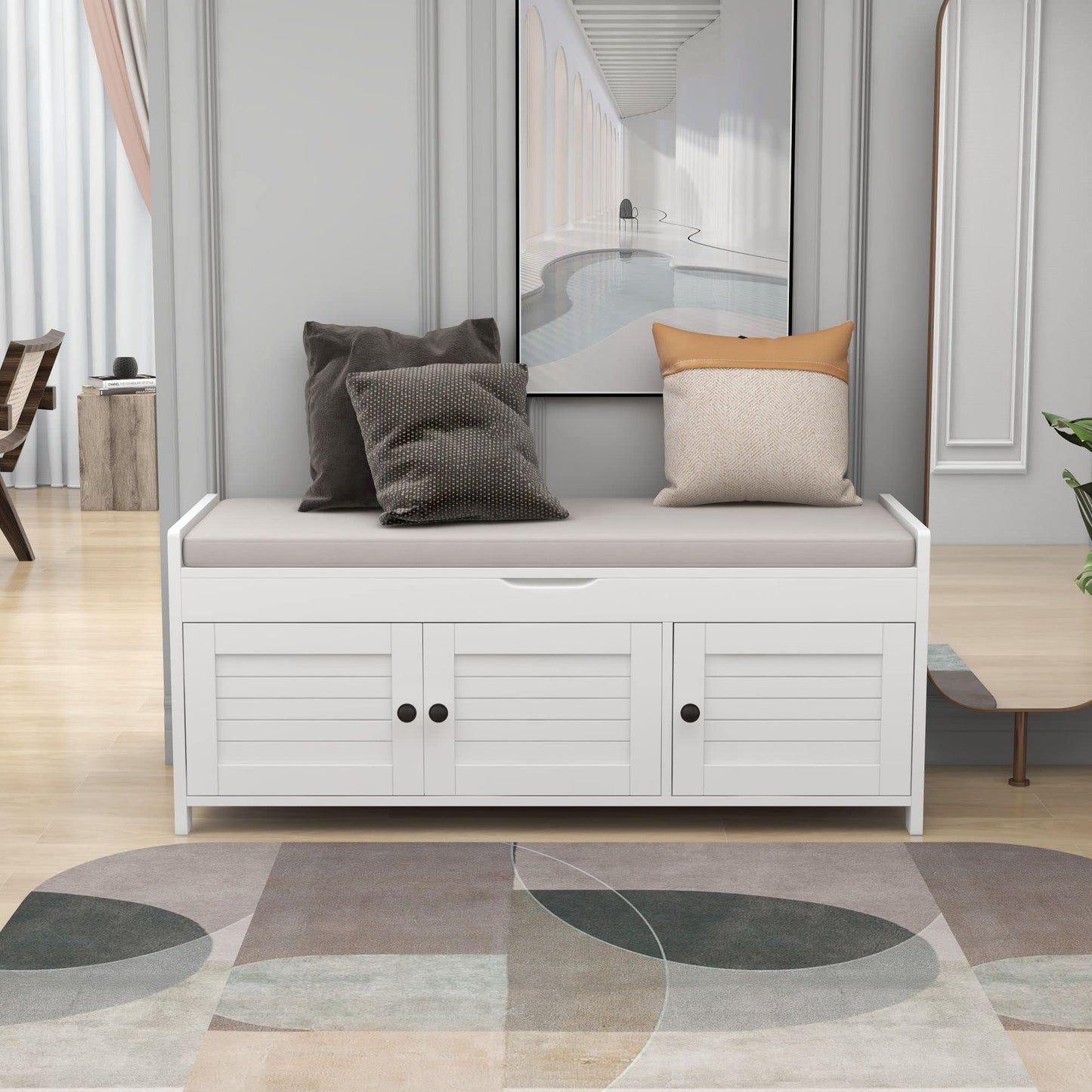 Merax Rustic Storage Bench with Removable Cushion Multifunction Shoe Cabinets for Entryway Hallway Front Door White