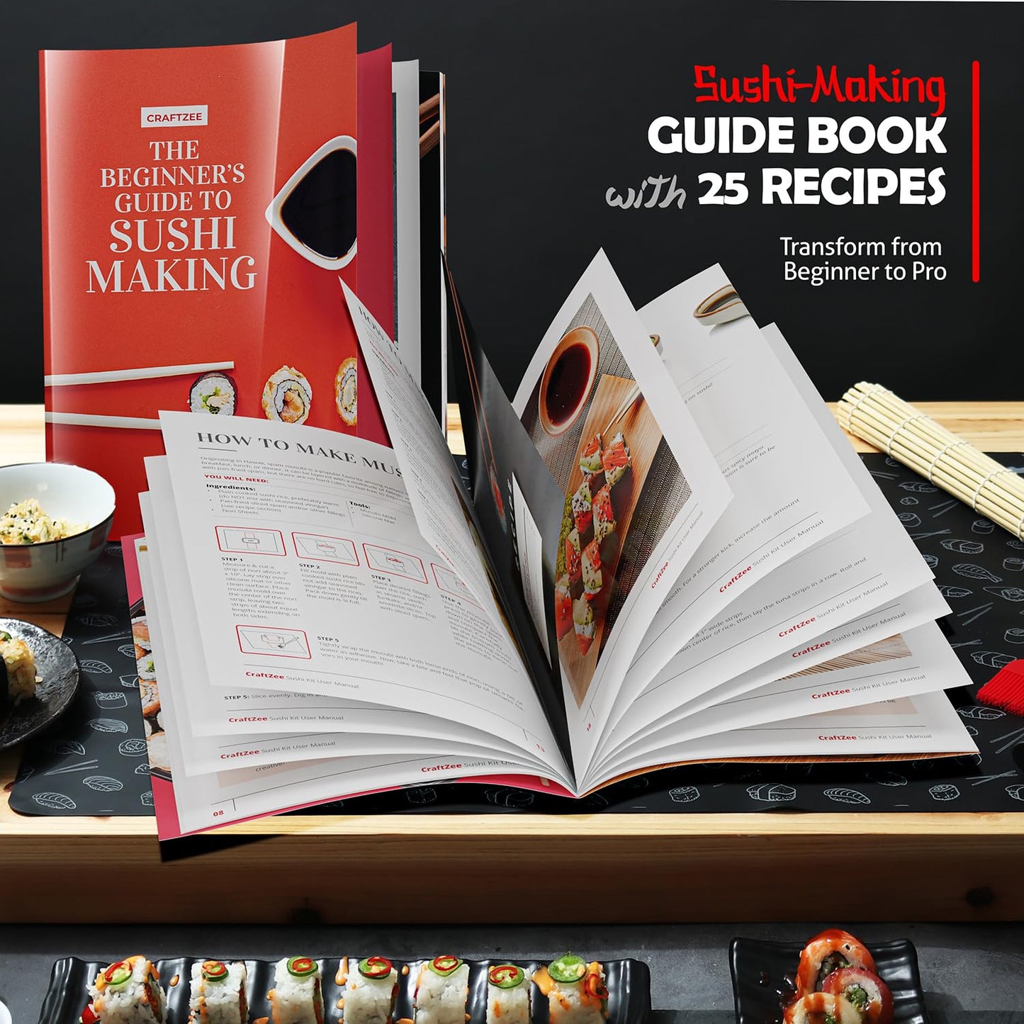 CraftZee All-Inclusive 𝗣𝗥𝗘𝗠𝗜𝗨𝗠 Sushi Making Kit for Beginners & Professionals - Sushi Maker with Rice Cooker, Reusable Chopsticks, Bazooka, Sushi Roller, Book - Sushi Kit for Family BPA-Free