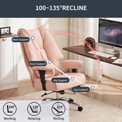 EXCEBET Big and Tall Office Chair 400lbs Wide Seat, Leather High Back Executive Office Chair with Foot Rest, Ergonomic Chairs Lumbar Support for Lower Back Pain Relief (Light Pink)