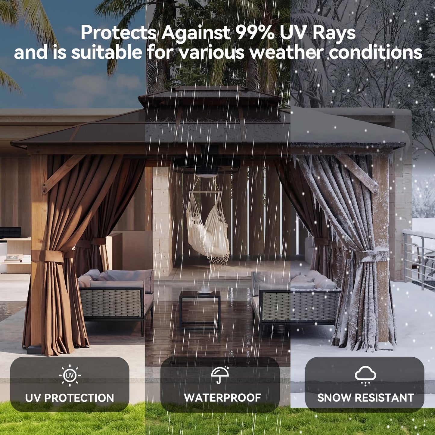 Aoxun 10' x 12' Outdoor Wood Gazebo with Double Polycarbonate Top, Hardtop Gazebo Permanent Wooden Pavilion with Breathable Netting and Privacy Curtain for Patio, Garden, Deck, Cedar Wood, Natural