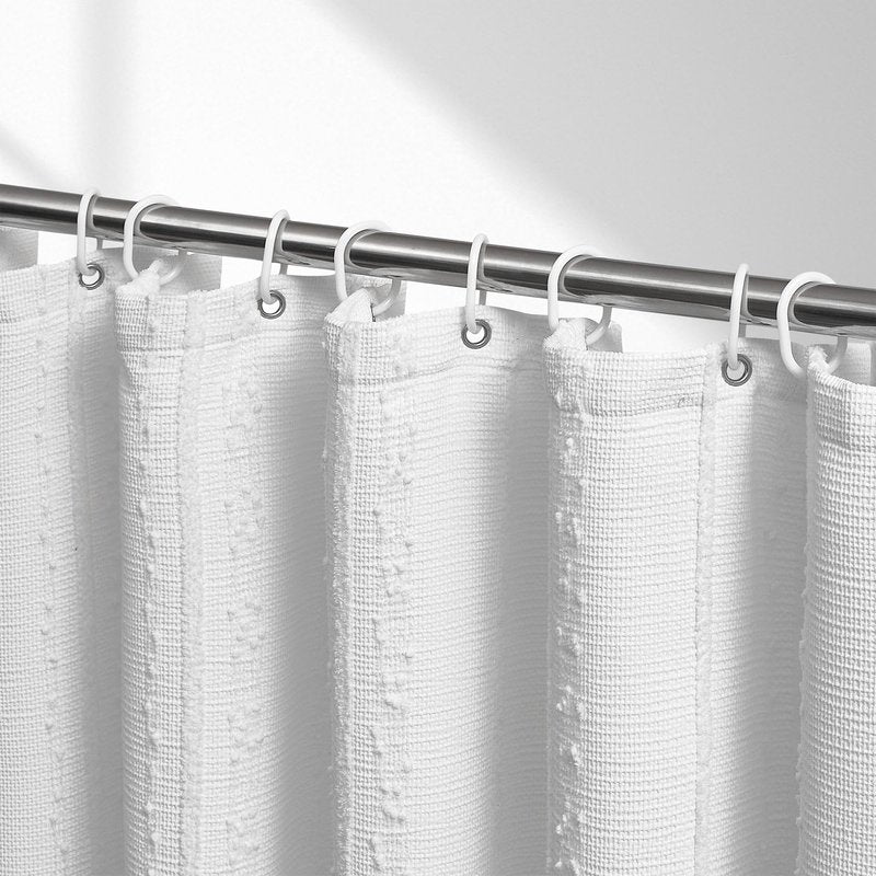 Lameirose White Shower Curtain Boho, Textured Shower Curtain Cotton Blend Waffle Weave Stripe Fabric Shower Curtains for Bathroom, Hotel, Washable, 72 x 72