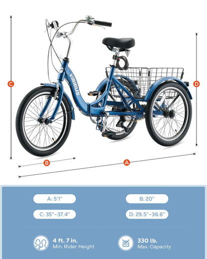 VIRIBUS Folding Tricycle for Adults, 20 inch 7 Speed Foldable Adult Tricycle for Men Seniors with Dual Chain, Folding 3 Wheel Bike with Lock, Collapsible Three Wheel Bicycle 330lb. Blue