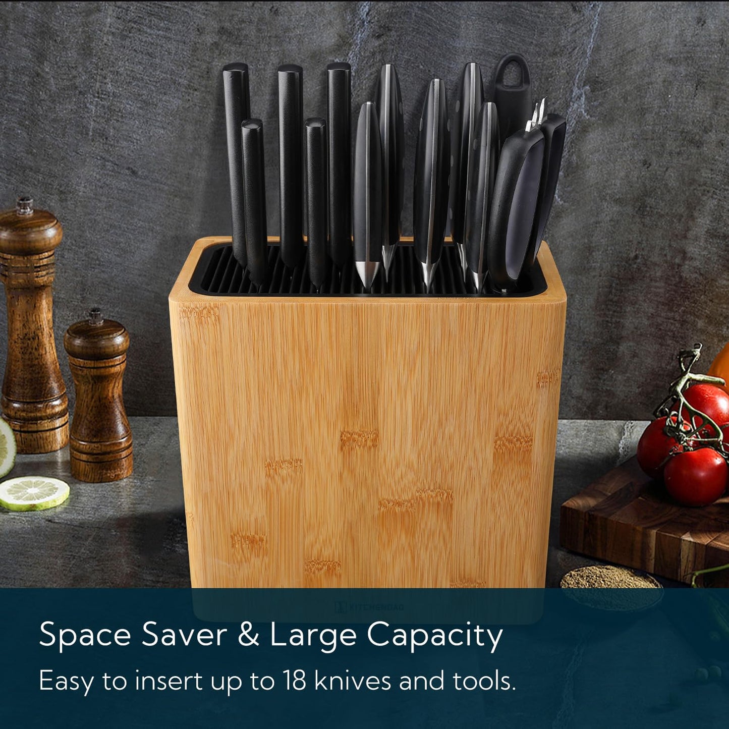 KITCHENDAO XL Bamboo Universal Knife Block Holder with Slots for Scissors and Sharpening Rod, Safe, Space Saver Knives Storage Stand Display without Knives, Unique Slot Design to Protect Blade