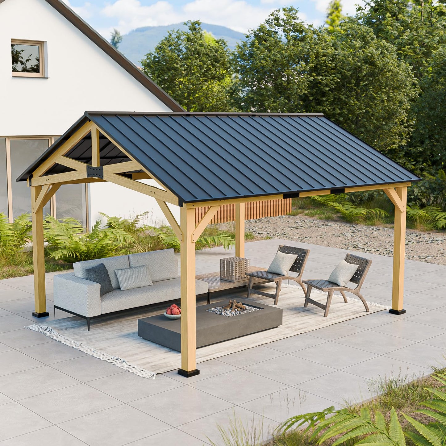 COOS BAY 13x15 Hardtop Gazebo with Cedar Wood Frame, Post-and-Beam Gazebo Shelter, Galvanized Steel Gable Roof Outdoor Pavilion for Garden, Lawn, Poolside, Patio, Deck, Natural Wood/Black