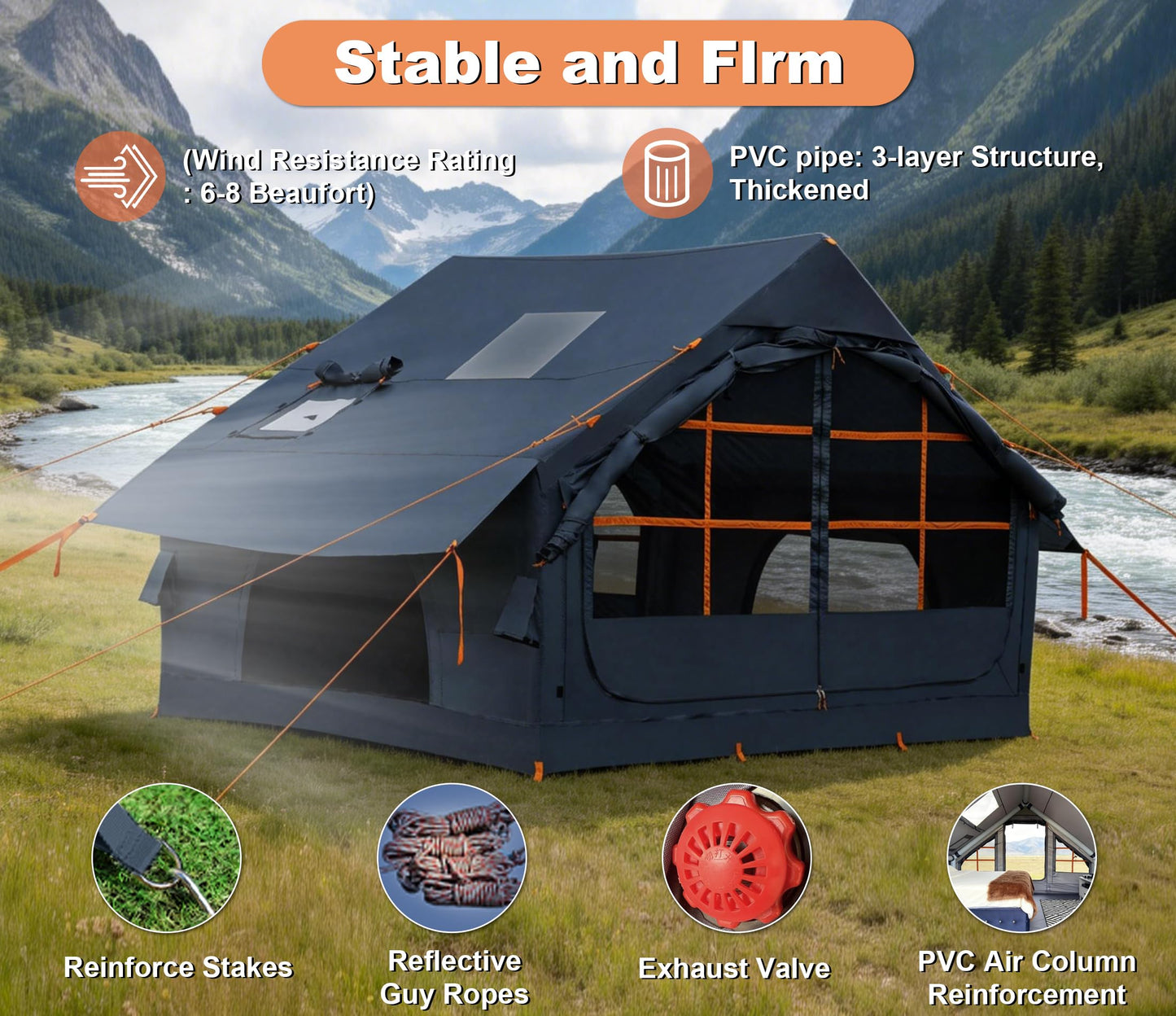SHANQUAN Inflatable Tents for Camping with Stove Jack, 4/6 Person Easy Setup Blow up Tents for 4 Seasons Waterproof Inflatable Camping Tent with Clear Skylight, Air House Glamping Tents for Adult