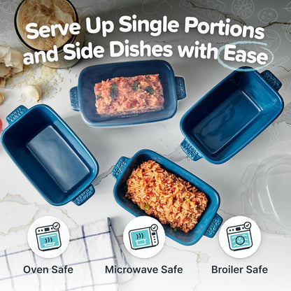Souper Cubes Stoneware Baking Dish - Small 5" x 3" Ceramic Set of 4 with Silicone Covers | Blueberry Color