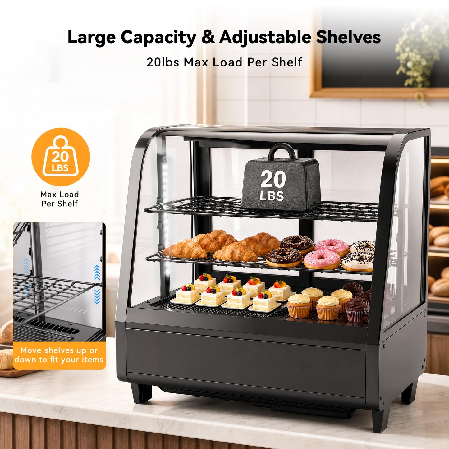 Tylza Commercial Refrigerator Display Case, 3.5 Cu.Ft/100L Countertop Refrigerated Showcase, White LED Lighting, Double Glass Door, 36-54°F, Auto Defrost for Bakery, Cafe, Store