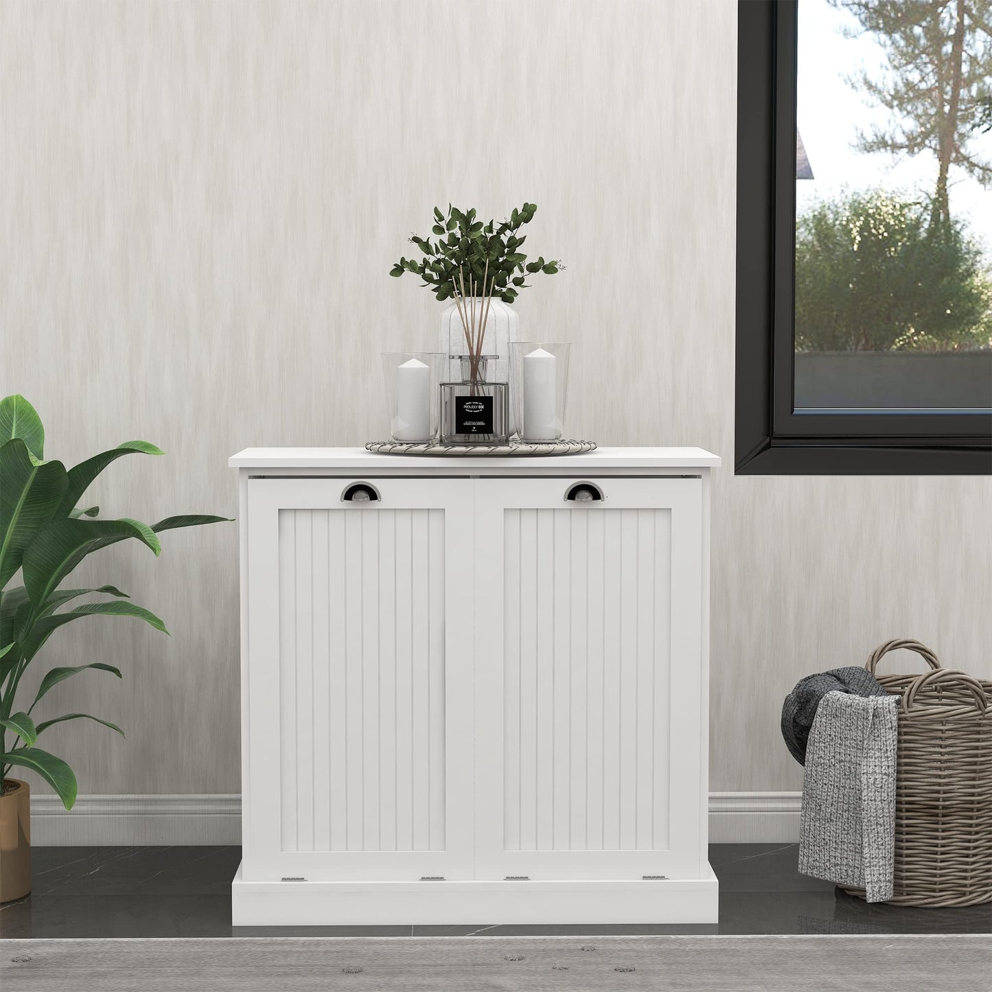 agnixnaf Laundry Sorter Cabinet, Two-Compartment Tilt-Out, for Small Bothroom, White Storage Cabinet