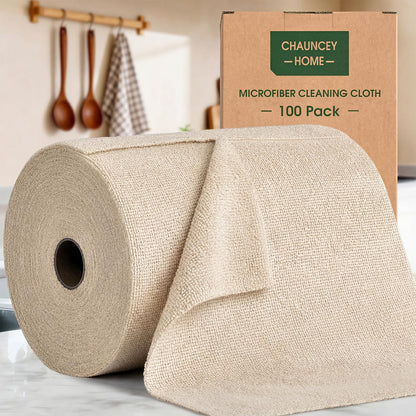 CHAUNCEY HOME Microfiber Cleaning Cloth Roll - 100 Pack Tear Away Microfiber Paper Towels, Reusable, Washable, Scratch-Free, Kitchen Towels for Car, Home, Kitchen, Glass, Dishes(Desert Gold)