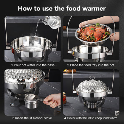 Round Chafing Dish Buffet Set of 4, Stainless Steel Food Warmers with Lids and Fuel Holders, Catering Chafer Serving Set for Banquets, Parties, Events(D)