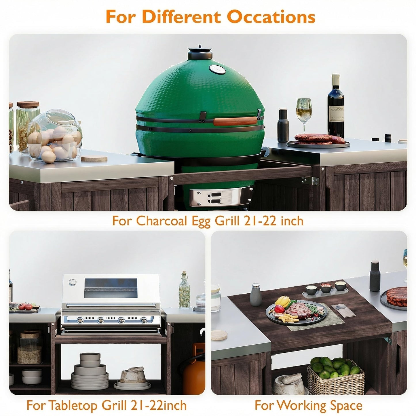 66.5" Fir Wood Grill Cart for Big Green Egg, Outdoor Kitchen Island with Stainless Steel Top, Bar Cart with Adjustable Shelf, Drawer, Hooks & Bottle Opener BBQ Cart for Patio Backyard Garden， Brown