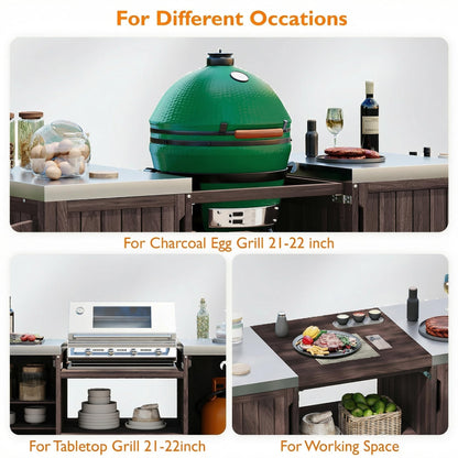66.5" Fir Wood Grill Cart for Big Green Egg, Outdoor Kitchen Island with Stainless Steel Top, Bar Cart with Adjustable Shelf, Drawer, Hooks & Bottle Opener BBQ Cart for Patio Backyard Garden， Brown