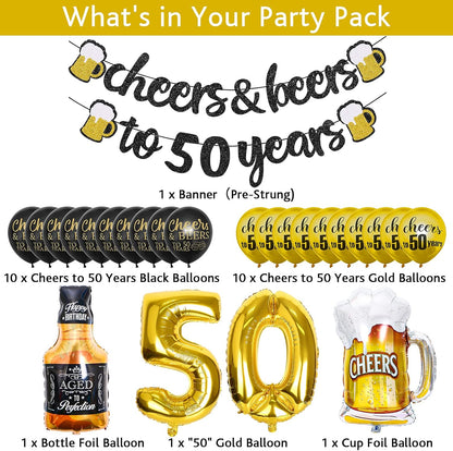 50th Birthday Decorations - Black Gold 50 Year Anniversary Supplies, Cheers To 50 Years Banner, Latex Balloon, Foil