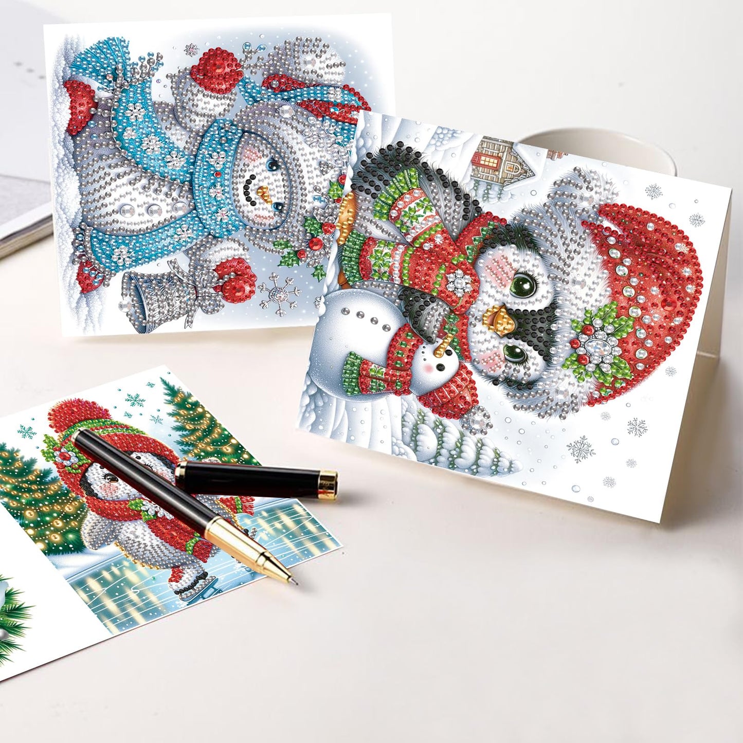 MVVMTOP 8pcs Christmas Diamond Painting Greeting Cards Christmas snowman & penguin, for Blessings and Wishes, Special Shape Crystal Partial Mosaic Making Craft, Paper Material, DIY Gifts for Holiday