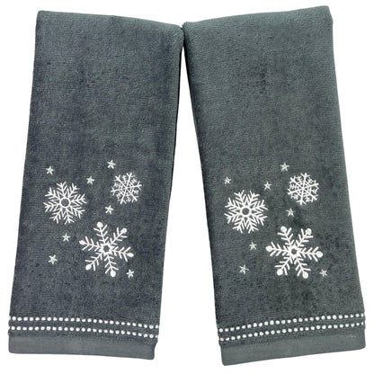 Serafina Home Christmas Hand Bathroom Towels, Set of 2, Embroidered Snowflakes and Stars, Dark Grey Velour Terry Cotton 16" x 25", Winter Holiday Decor for Kitchen or Bath