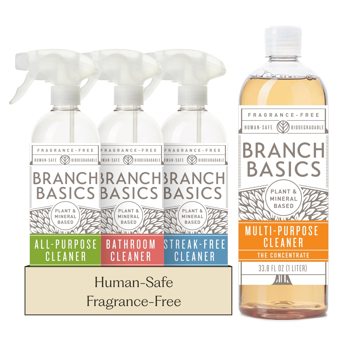 Branch Basics Cleaning Essentials Kit: All Purpose, Glass and Bathroom Cleaner - Concentrate (33.8 Oz) (17 Refills) + Refillable Plastic Spray Bottles (24 Oz) Plant Based, Human-Safe, & Fragrance Free