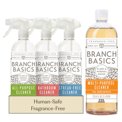 Branch Basics Cleaning Essentials Kit: All Purpose, Glass and Bathroom Cleaner - Concentrate (33.8 Oz) (17 Refills) + Refillable Plastic Spray Bottles (24 Oz) Plant Based, Human-Safe, & Fragrance Free