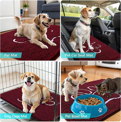 OLANLY Dog Door Mat - Absorbent Non-Slip Mud Mat for Muddy Paws | 40x32 Paw Print Design in Burgundy
