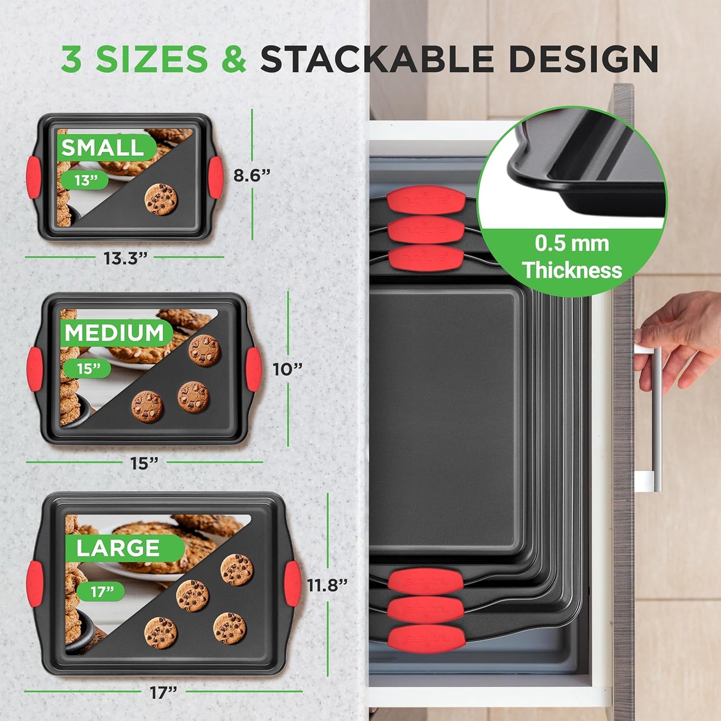 NutriChef 3-Piece Nonstick Baking Pans Set - Premium Commercial Grade Bakeware with Red Silicone Handles