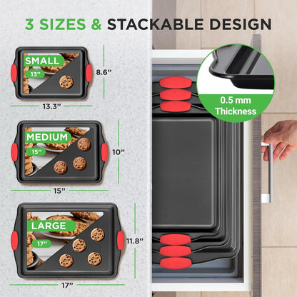 NutriChef 3-Piece Nonstick Baking Pans Set - Premium Commercial Grade Bakeware with Red Silicone Handles