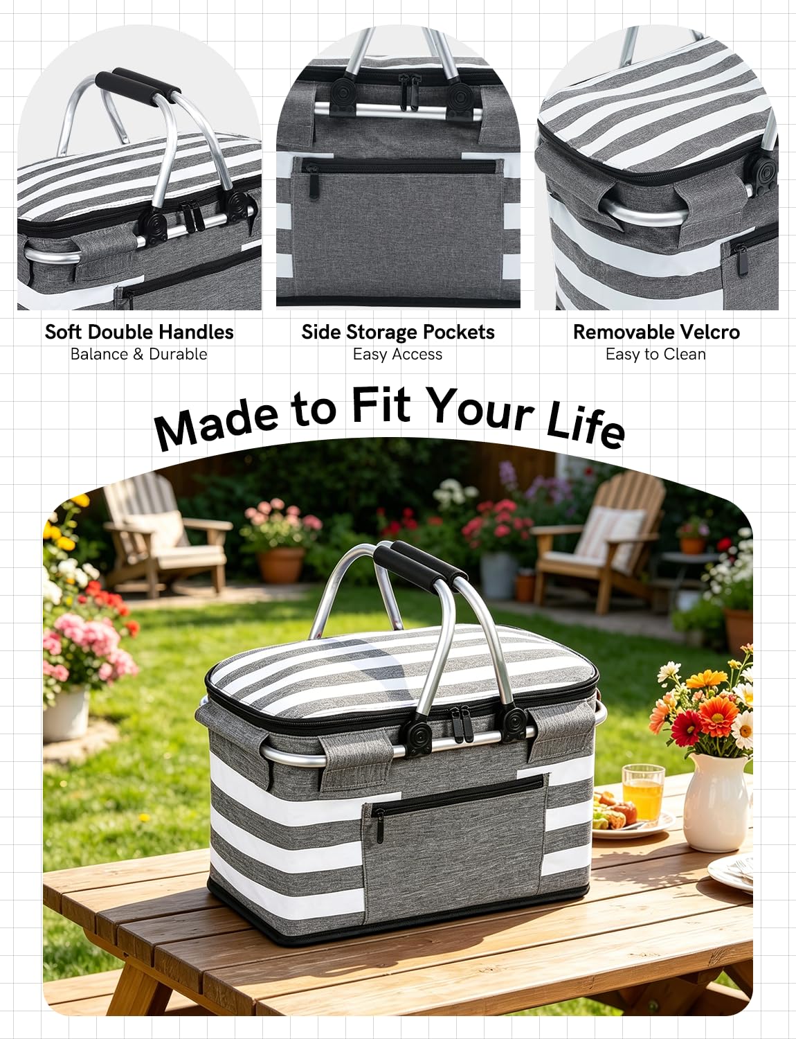 KEFOMOL Insulated Picnic Basket,Leak-Proof Collapsible Cooler Bag,26L Grocery Basket with Lid,2 Sturdy Handles,Storage Basket for Picnic,Food Delivery,Take Outs,Market Shopping,Travel (Gray)