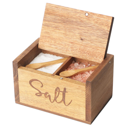 Acacia Wood Spice Box with Lid and Built-in Spoon for Kitchen Countertop, Rectangle Farmhouse Kitchen Decoror for Storing Salt, Peppers, Sugar or Seasonings, Brown (Brown (Labeled - “Salt”))